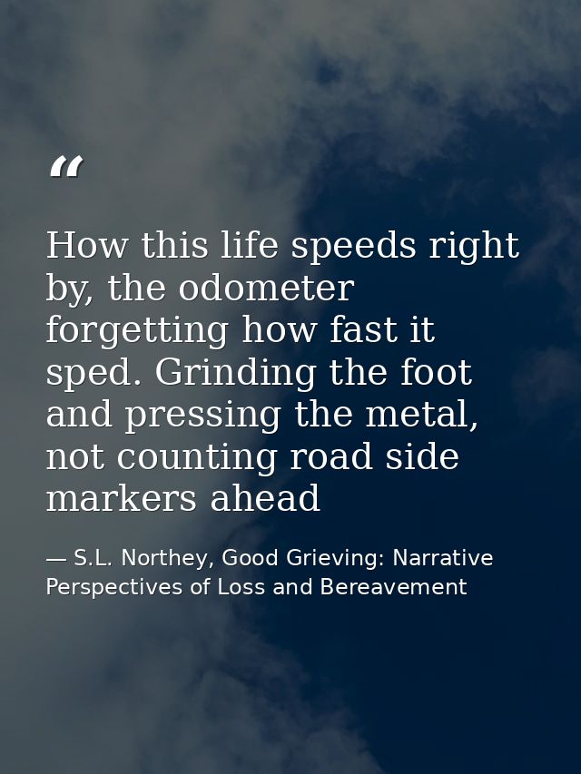 How this life speeds right by, the odometer forgetting how fast it sped. Grinding the foot and pressing the metal, not c — S.L. Northey, Good Grieving: Narrative Perspectives of Loss and Bereavement