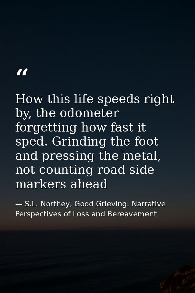 How this life speeds right by, the odometer forgetting how fast it sped. Grinding the foot and pressing the metal, not c — S.L. Northey, Good Grieving: Narrative Perspectives of Loss and Bereavement