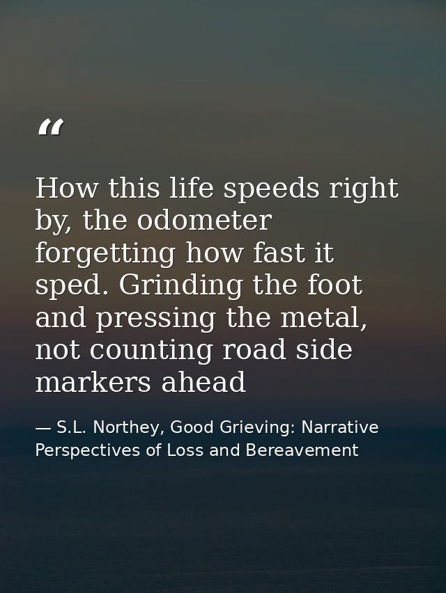 How this life speeds right by, the odometer forgetting how fast it sped. Grinding the foot and pressing the metal, not c — S.L. Northey, Good Grieving: Narrative Perspectives of Loss and Bereavement