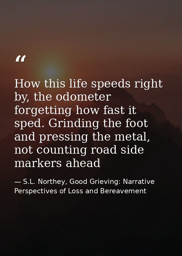 How this life speeds right by, the odometer forgetting how fast it sped. Grinding the foot and pressing the metal, not c — S.L. Northey, Good Grieving: Narrative Perspectives of Loss and Bereavement