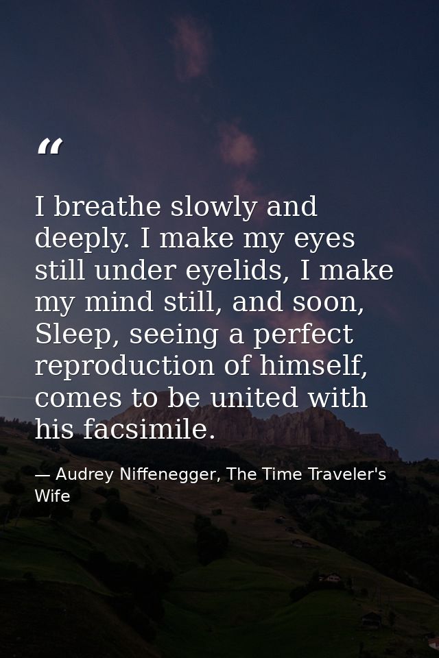 I breathe slowly and deeply. I make my eyes still under eyelids, I make my mind still, and soon, Sleep, seeing a perfect — Audrey Niffenegger, The Time Traveler's Wife