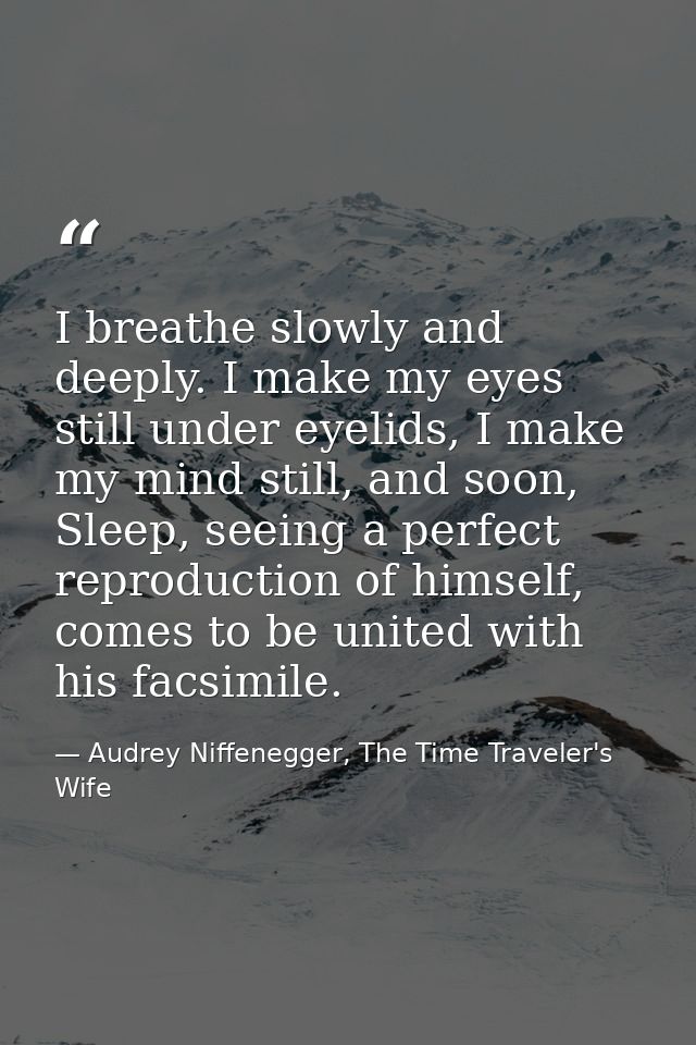 I breathe slowly and deeply. I make my eyes still under eyelids, I make my mind still, and soon, Sleep, seeing a perfect — Audrey Niffenegger, The Time Traveler's Wife