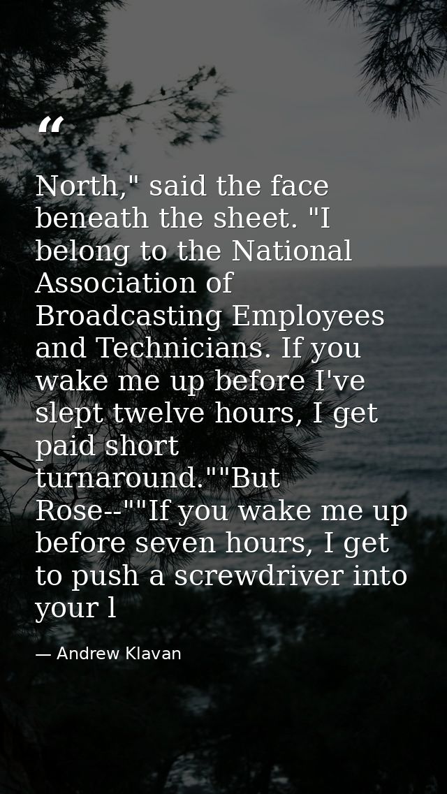 North," said the face beneath the sheet. "I belong to the National Association of Broadcasting Employees and Technicians — Andrew Klavan