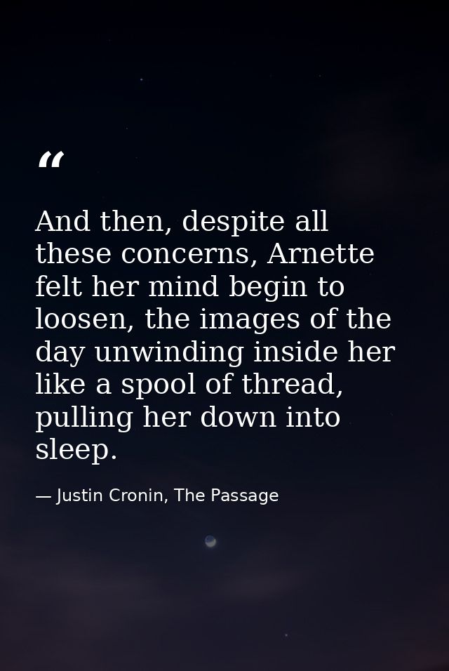 And then, despite all these concerns, Arnette felt her mind begin to loosen, the images of the day unwinding inside her  — Justin Cronin, The Passage
