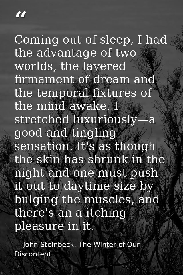 Coming out of sleep, I had the advantage of two worlds, the layered firmament of dream and the temporal fixtures of the  — John Steinbeck, The Winter of Our Discontent