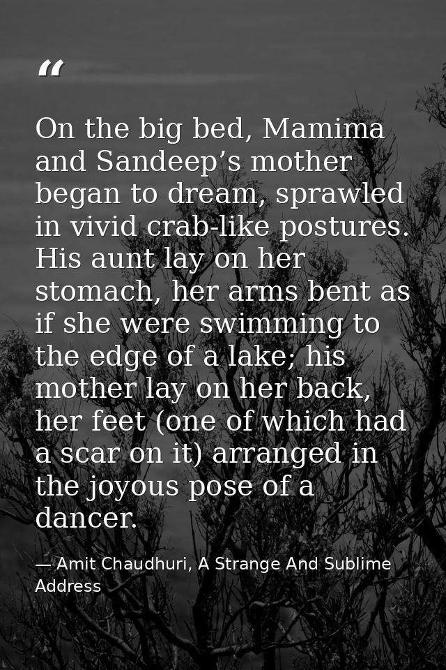 On the big bed, Mamima and Sandeep’s mother began to dream, sprawled in vivid crab-like postures. His aunt lay on her st — Amit Chaudhuri, A Strange And Sublime Address