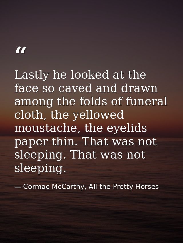 Lastly he looked at the face so caved and drawn among the folds of funeral cloth, the yellowed moustache, the eyelids pa — Cormac McCarthy, All the Pretty Horses