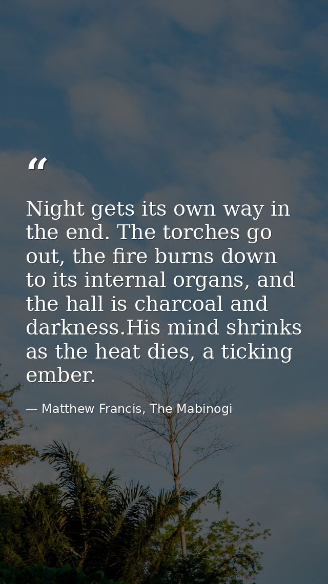 Night gets its own way in the end. The torches go out, the fire burns down to its internal organs, and the hall is charc — Matthew Francis, The Mabinogi
