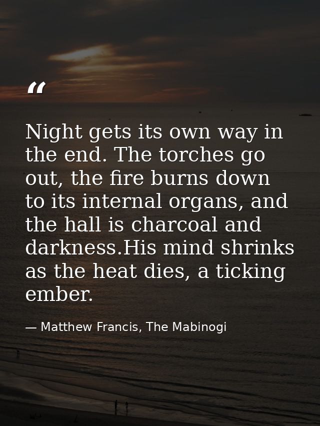 Night gets its own way in the end. The torches go out, the fire burns down to its internal organs, and the hall is charc — Matthew Francis, The Mabinogi