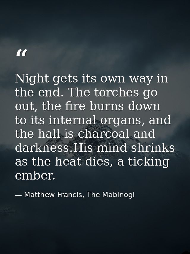 Night gets its own way in the end. The torches go out, the fire burns down to its internal organs, and the hall is charc — Matthew Francis, The Mabinogi