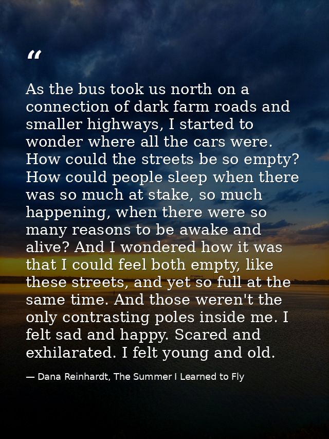 As the bus took us north on a connection of dark farm roads and smaller highways, I started to wonder where all the cars — Dana Reinhardt, The Summer I Learned to Fly