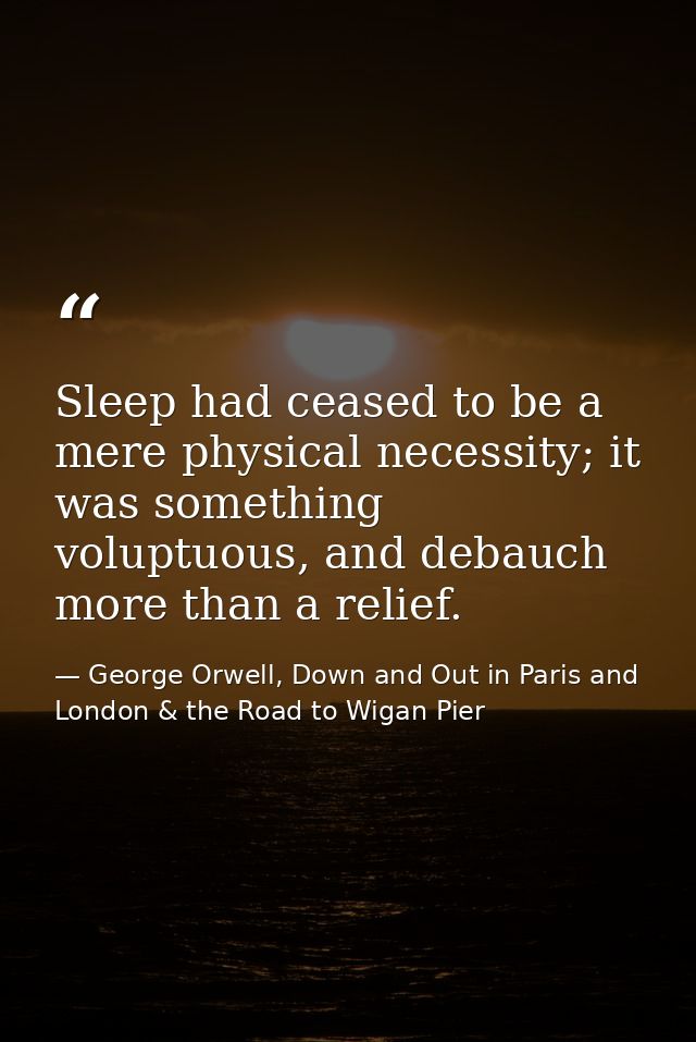Sleep had ceased to be a mere physical necessity; it was something voluptuous, and debauch more than a relief. — George Orwell, Down and Out in Paris and London & the Road to Wigan Pier