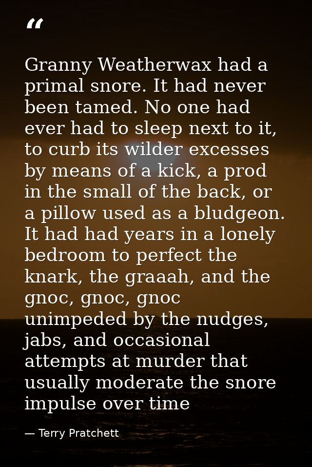 Granny Weatherwax had a primal snore. It had never been tamed. No one had ever had to sleep next to it, to curb its wild — Terry Pratchett