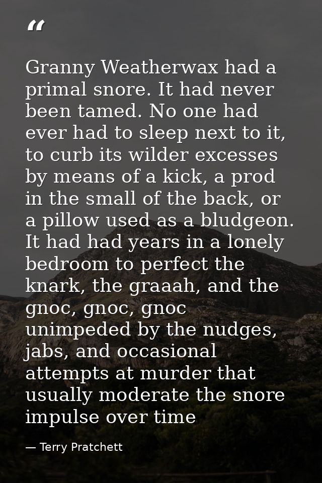 Granny Weatherwax had a primal snore. It had never been tamed. No one had ever had to sleep next to it, to curb its wild — Terry Pratchett
