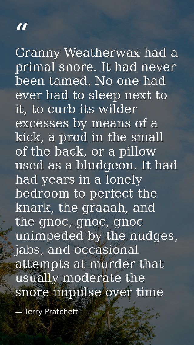 Granny Weatherwax had a primal snore. It had never been tamed. No one had ever had to sleep next to it, to curb its wild — Terry Pratchett