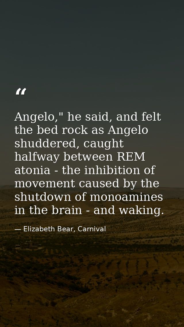 Angelo," he said, and felt the bed rock as Angelo shuddered, caught halfway between REM atonia - the inhibition of movem — Elizabeth Bear, Carnival