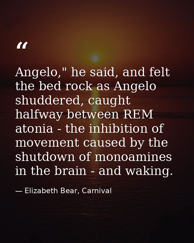 Angelo," he said, and felt the bed rock as Angelo shuddered, caught halfway between REM atonia - the inhibition of movem — Elizabeth Bear, Carnival