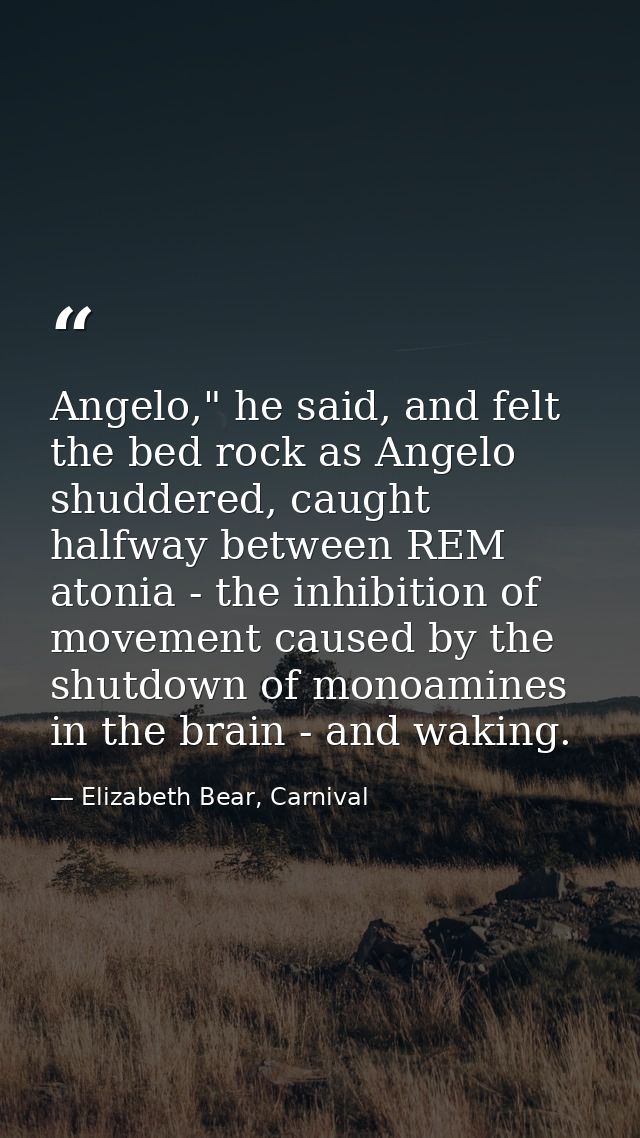 Angelo," he said, and felt the bed rock as Angelo shuddered, caught halfway between REM atonia - the inhibition of movem — Elizabeth Bear, Carnival