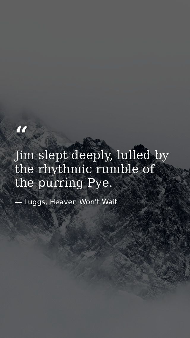 Jim slept deeply, lulled by the rhythmic rumble of the purring Pye. — Luggs, Heaven Won't Wait