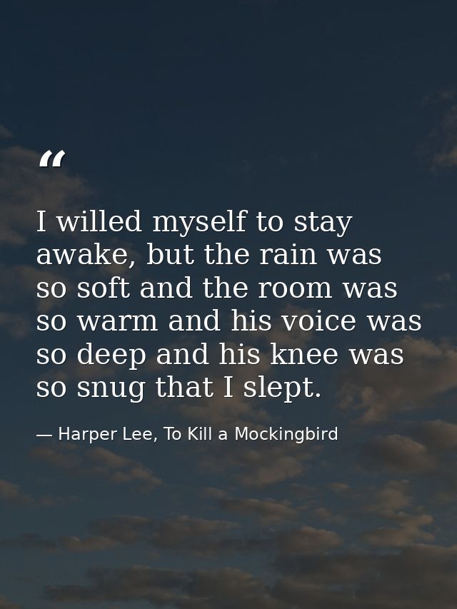 I willed myself to stay awake, but the rain was so soft and the room was so warm and his voice was so deep and his knee  — Harper Lee, To Kill a Mockingbird