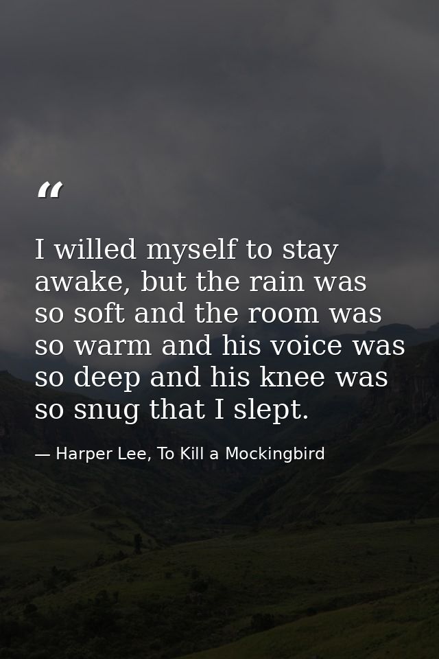 I willed myself to stay awake, but the rain was so soft and the room was so warm and his voice was so deep and his knee  — Harper Lee, To Kill a Mockingbird