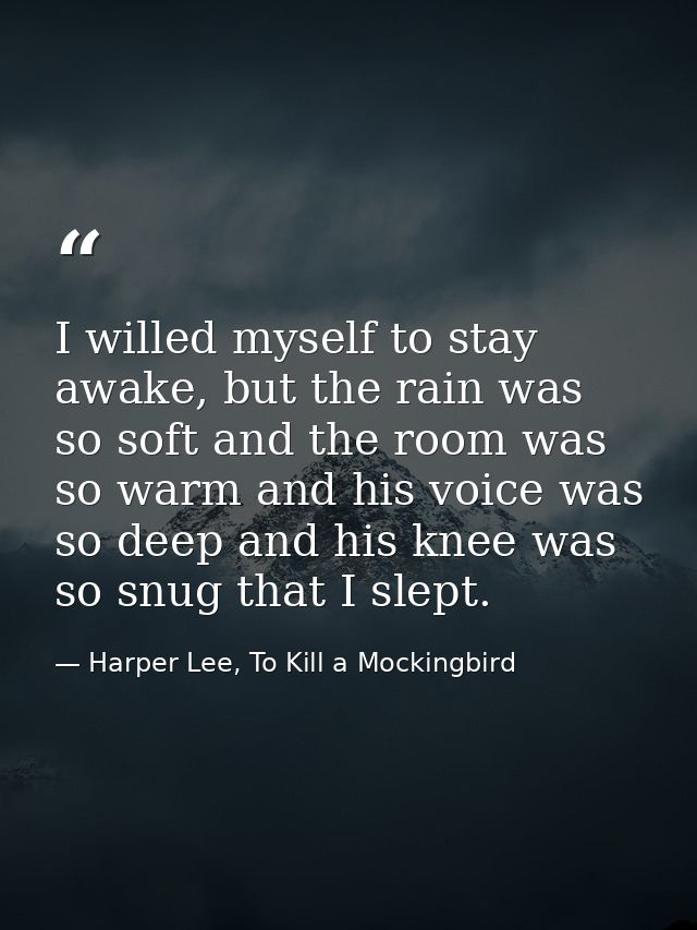 I willed myself to stay awake, but the rain was so soft and the room was so warm and his voice was so deep and his knee  — Harper Lee, To Kill a Mockingbird