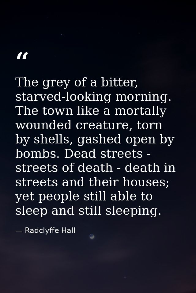 The grey of a bitter, starved-looking morning. The town like a mortally wounded creature, torn by shells, gashed open by — Radclyffe Hall