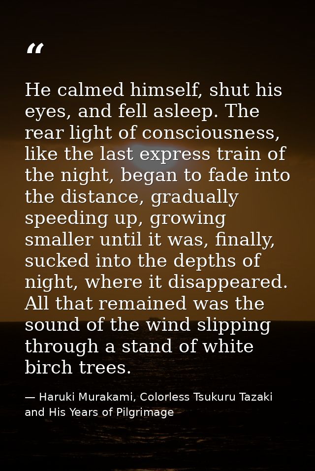 He calmed himself, shut his eyes, and fell asleep. The rear light of consciousness, like the last express train of the n — Haruki Murakami, Colorless Tsukuru Tazaki and His Years of Pilgrimage