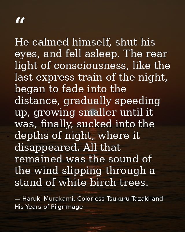 He calmed himself, shut his eyes, and fell asleep. The rear light of consciousness, like the last express train of the n — Haruki Murakami, Colorless Tsukuru Tazaki and His Years of Pilgrimage
