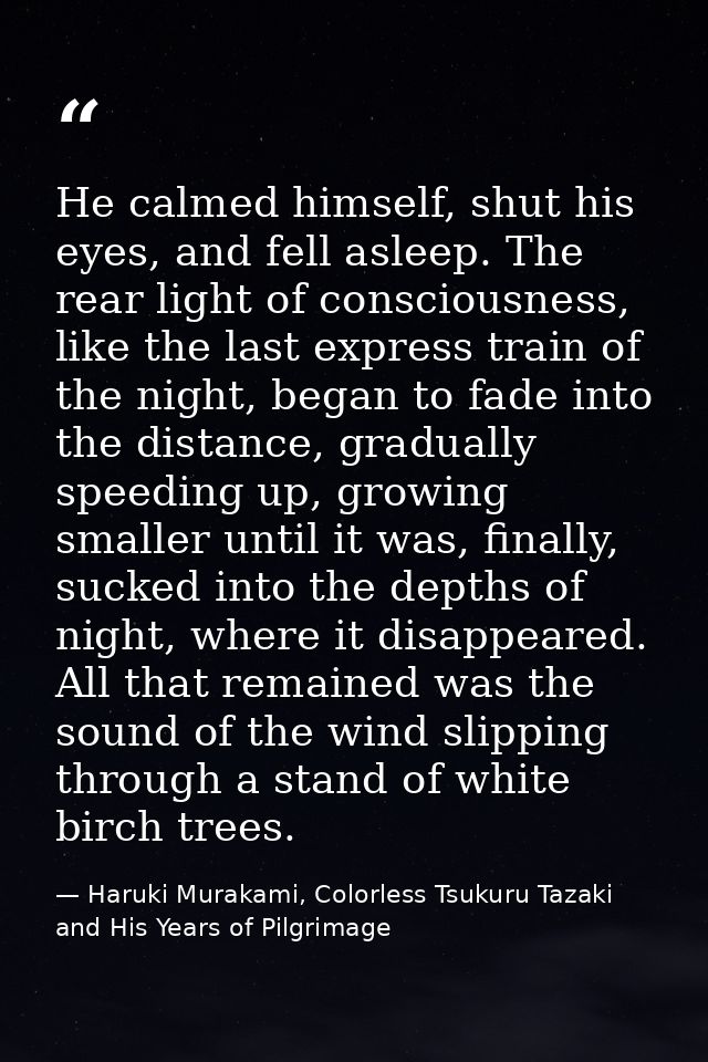 He calmed himself, shut his eyes, and fell asleep. The rear light of consciousness, like the last express train of the n — Haruki Murakami, Colorless Tsukuru Tazaki and His Years of Pilgrimage