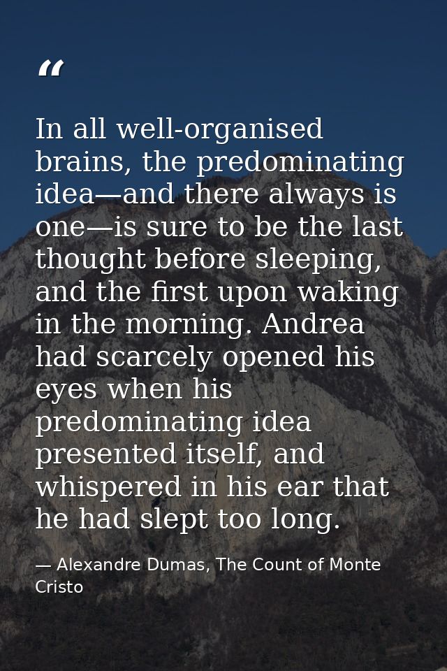 In all well-organised brains, the predominating idea—and there always is one—is sure to be the last thought before sleep — Alexandre Dumas, The Count of Monte Cristo