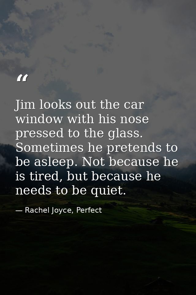 Jim looks out the car window with his nose pressed to the glass. Sometimes he pretends to be asleep. Not because he is t — Rachel Joyce, Perfect