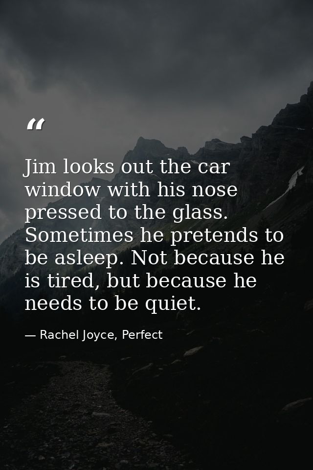 Jim looks out the car window with his nose pressed to the glass. Sometimes he pretends to be asleep. Not because he is t — Rachel Joyce, Perfect