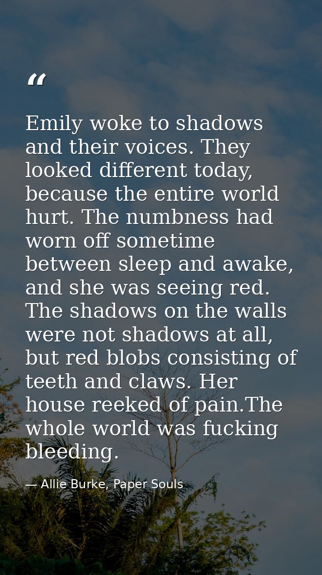 Emily woke to shadows and their voices. They looked different today, because the entire world hurt. The numbness had wor — Allie Burke, Paper Souls