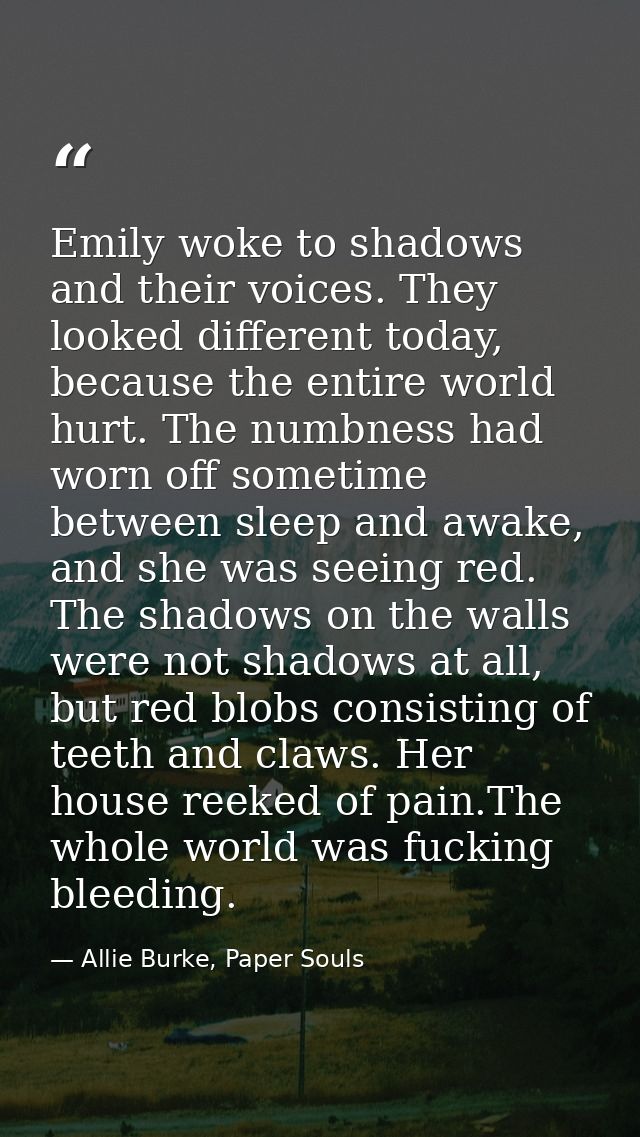 Emily woke to shadows and their voices. They looked different today, because the entire world hurt. The numbness had wor — Allie Burke, Paper Souls