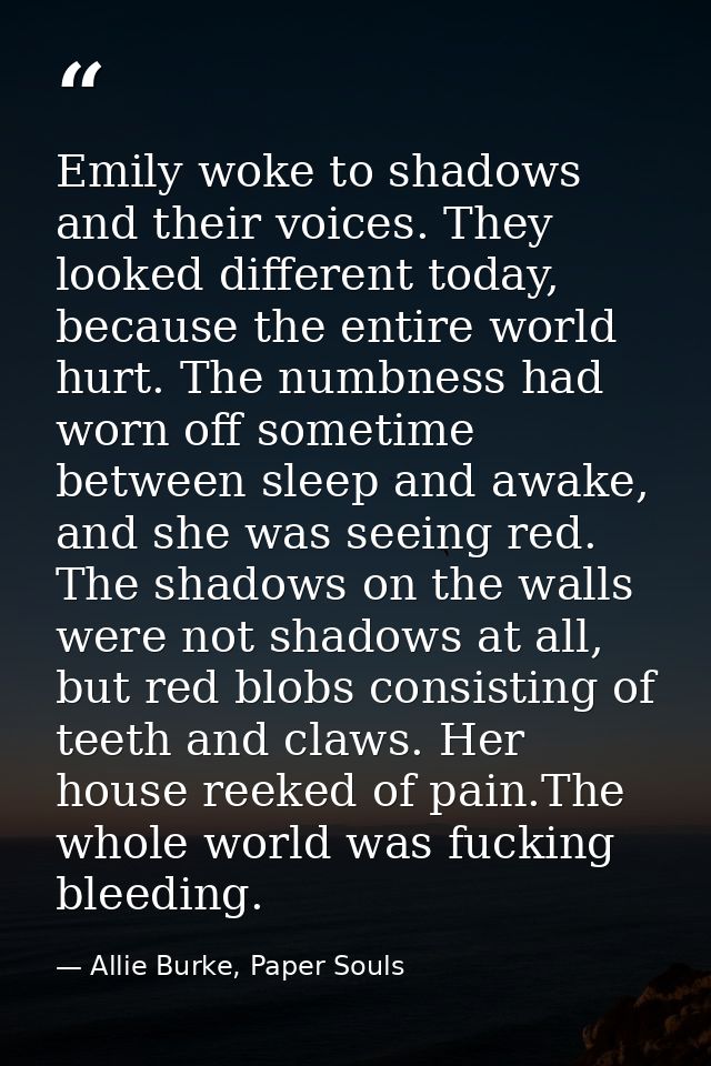Emily woke to shadows and their voices. They looked different today, because the entire world hurt. The numbness had wor — Allie Burke, Paper Souls