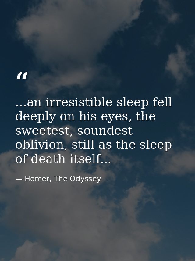 ...an irresistible sleep fell deeply on his eyes, the sweetest, soundest oblivion, still as the sleep of death itself... — Homer, The Odyssey