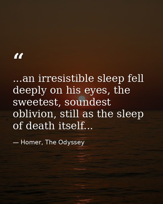 ...an irresistible sleep fell deeply on his eyes, the sweetest, soundest oblivion, still as the sleep of death itself... — Homer, The Odyssey