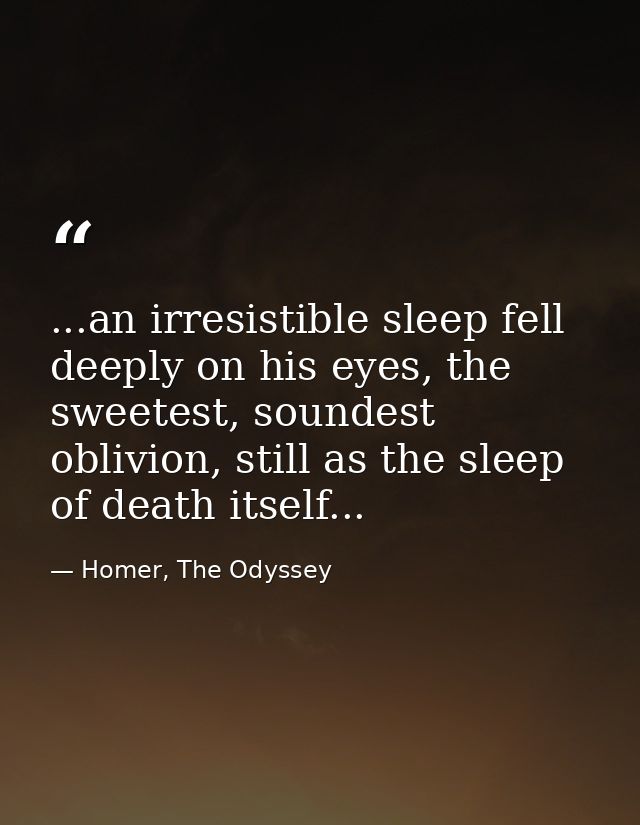 ...an irresistible sleep fell deeply on his eyes, the sweetest, soundest oblivion, still as the sleep of death itself... — Homer, The Odyssey