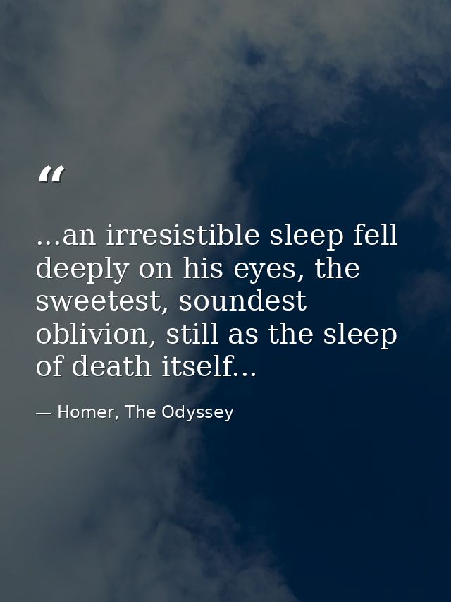 ...an irresistible sleep fell deeply on his eyes, the sweetest, soundest oblivion, still as the sleep of death itself... — Homer, The Odyssey