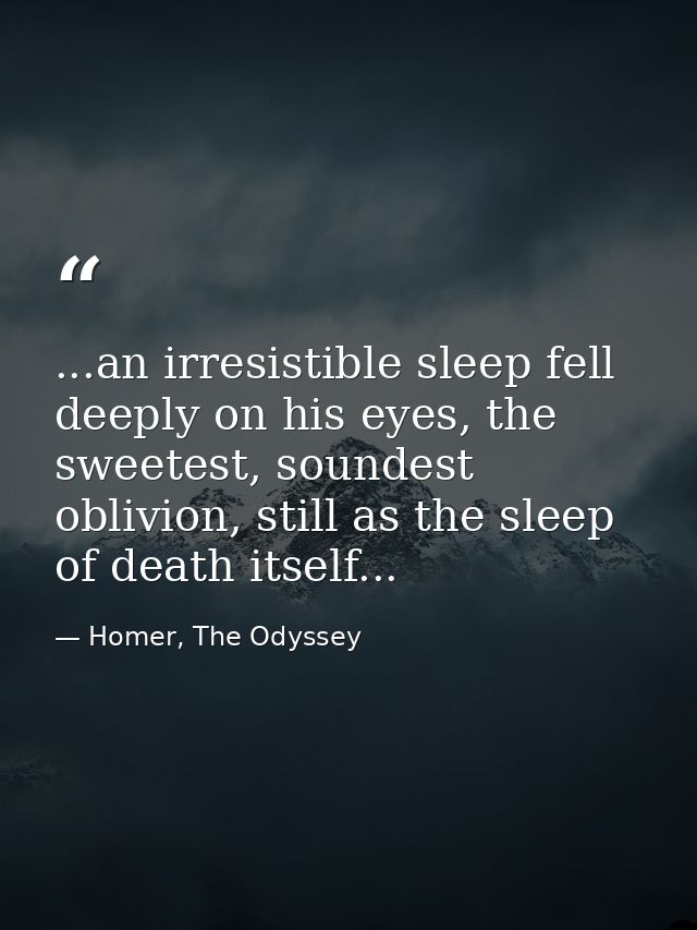 ...an irresistible sleep fell deeply on his eyes, the sweetest, soundest oblivion, still as the sleep of death itself... — Homer, The Odyssey