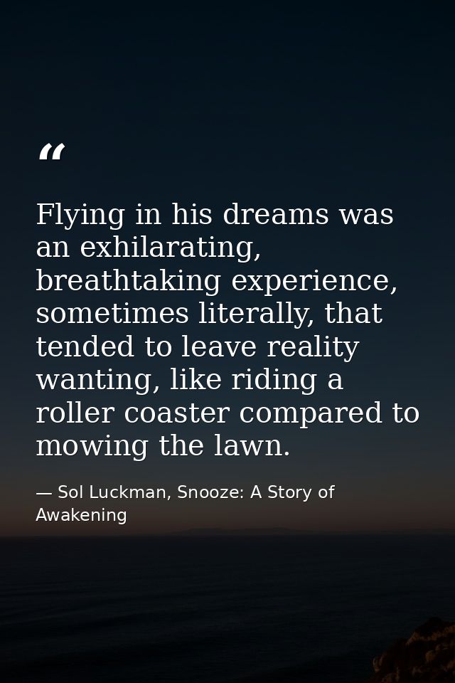 Flying in his dreams was an exhilarating, breathtaking experience, sometimes literally, that tended to leave reality wan — Sol Luckman, Snooze: A Story of Awakening
