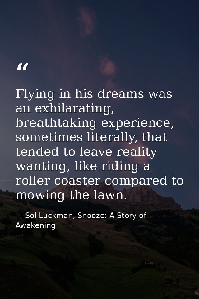 Flying in his dreams was an exhilarating, breathtaking experience, sometimes literally, that tended to leave reality wan — Sol Luckman, Snooze: A Story of Awakening