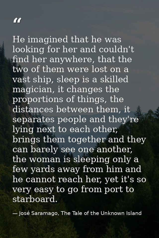 He imagined that he was looking for her and couldn't find her anywhere, that the two of them were lost on a vast ship, s — José Saramago, The Tale of the Unknown Island
