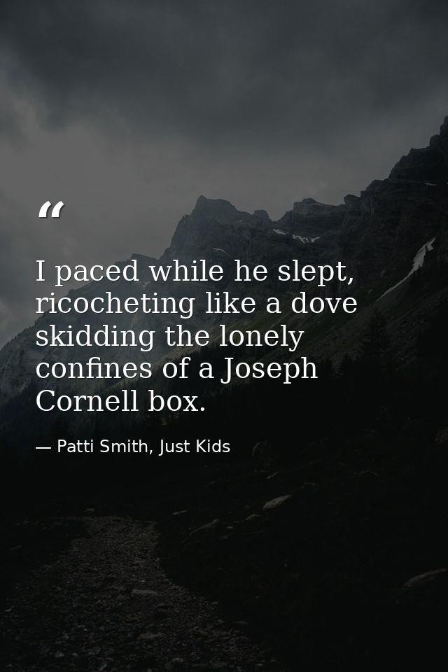 I paced while he slept, ricocheting like a dove skidding the lonely confines of a Joseph Cornell box. — Patti Smith, Just Kids