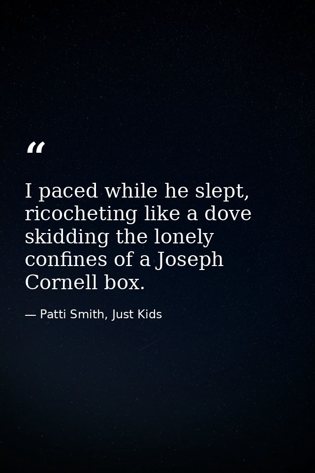 I paced while he slept, ricocheting like a dove skidding the lonely confines of a Joseph Cornell box. — Patti Smith, Just Kids