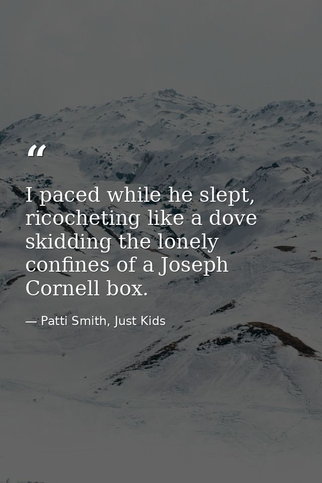 I paced while he slept, ricocheting like a dove skidding the lonely confines of a Joseph Cornell box. — Patti Smith, Just Kids