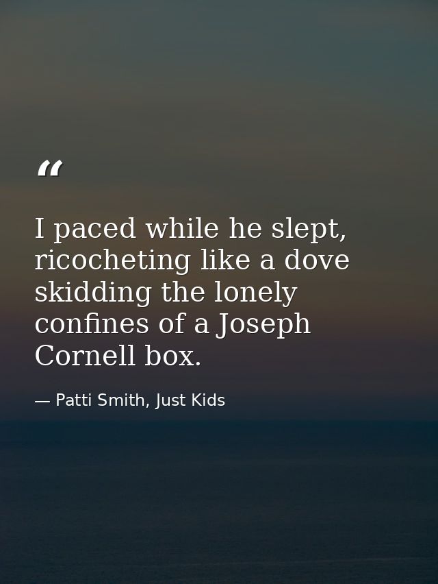 I paced while he slept, ricocheting like a dove skidding the lonely confines of a Joseph Cornell box. — Patti Smith, Just Kids