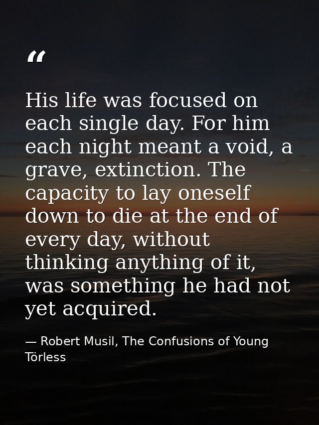 His life was focused on each single day. For him each night meant a void, a grave, extinction. The capacity to lay onese — Robert Musil, The Confusions of Young Törless