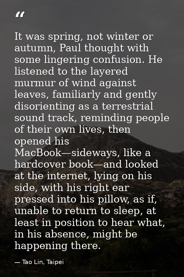 It was spring, not winter or autumn, Paul thought with some lingering confusion. He listened to the layered murmur of wi — Tao Lin, Taipei
